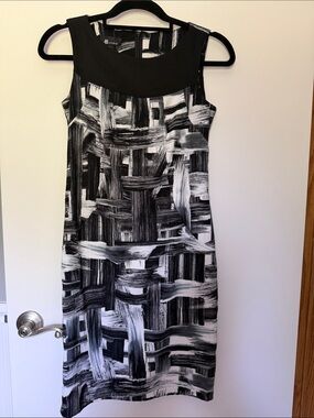 AB Studio Black and White Brushstroke Midi Dress